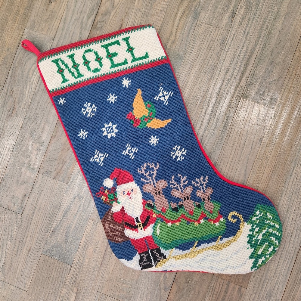 VTG Handmade Wool‎ Needlepoint NOEL Santa Reindeer Christmas Velvet Stocking